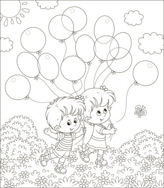 Bir güneşli yaz günü, siyah ve beyaz balonları bir parkta yürüyüş çocuk karikatür tarzı bir boyama kitabı için resimde vektör