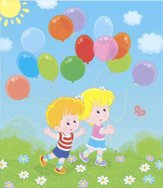 Barn Med Färgglada Ballonger Park Solig Sommardag Vektor Illustration Tecknad — Stock vektor