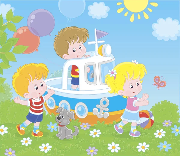 小さな子供たちと漫画のスタイルのベクトル図の夏の公園で遊び場でおもちゃの船で遊ぶ子犬 — ストックベクタ