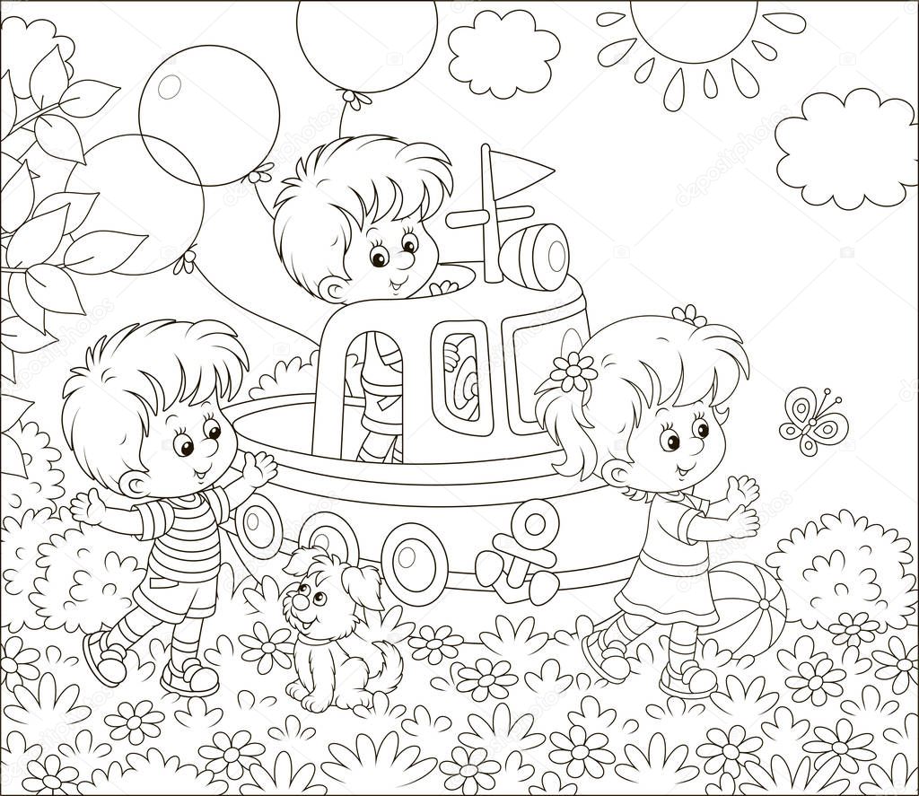 Little children and a small puppy playing on a toy ship on a playground in a summer park, black and white vector illustration in a cartoon style for a coloring book