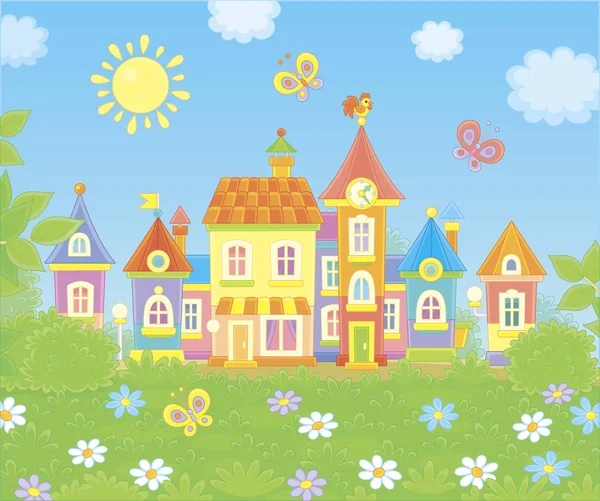 緑の木々 日当たりの良い夏の日 漫画のスタイルのベクトル図の花の中で小さな町のカラフルな家 — ストックベクタ