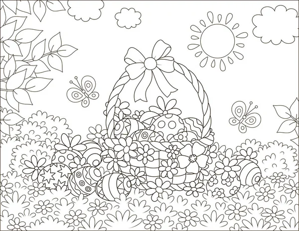 Cesta Pascua Decorada Huevos Pintados Entre Flores Soleado Día Primavera — Archivo Imágenes Vectoriales