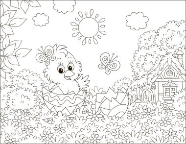 Küçük kız, küçük bir kulübe yakın bir çimenlikte çiçeklerle thatched çatı arasında çim dekore edilmiş bir Easter egg dışında bir güneşli bahar gününde bakmak siyah ve beyaz bir karikatür tarzı resimde vektör