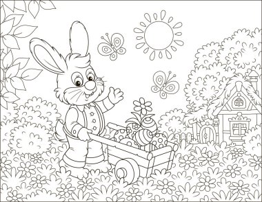 Vektör çizim karikatür tarzı bir güneşli bir bahar gününde bir thatched kulübe önünde çimenlikte boyalı Paskalya yumurta Bunny ahşap bir çekçek ile dolu