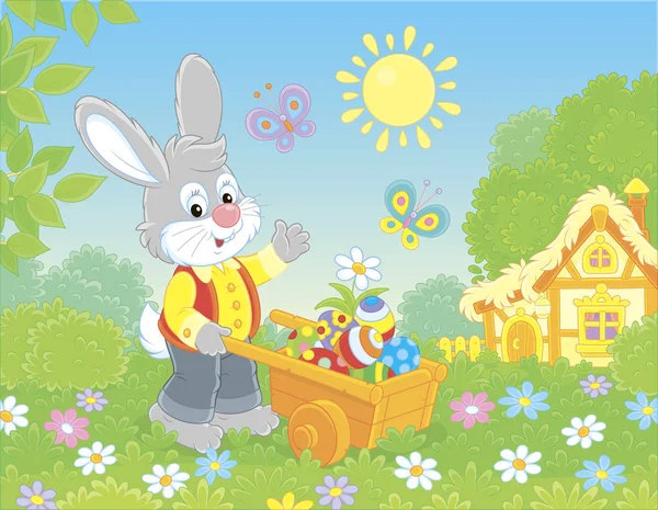 Grey Bunny Met Een Houten Handcart Gevuld Met Kleurrijk Geschilderde — Stockvector