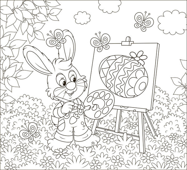Little Bunny drawing a decorated Easter egg on its canvas among flowers on a sunny spring day, black and white vector illustration in a cartoon style for a coloring book