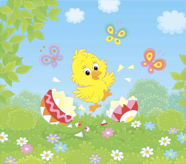 Happy Just Hatched Yellow Chick Dancing Shells Colorfully Painted Easter — Stock Vector