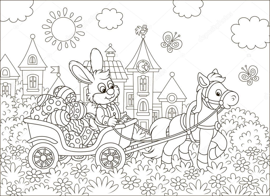Little rabbit carrying decorated Easter eggs in a cart with a small pony against the background of small town houses, black and white vector illustration in a cartoon style for a coloring book