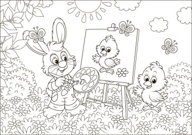 Little bunny drawing a small chick on a lawn among flowers on a sunny spring day, black and white vector illustration in a cartoon style for a coloring book vector Little bunny drawing a small chick on a lawn among flowers on a sunny spring day, black and white vector illustration in a cartoon style for a coloring book vector