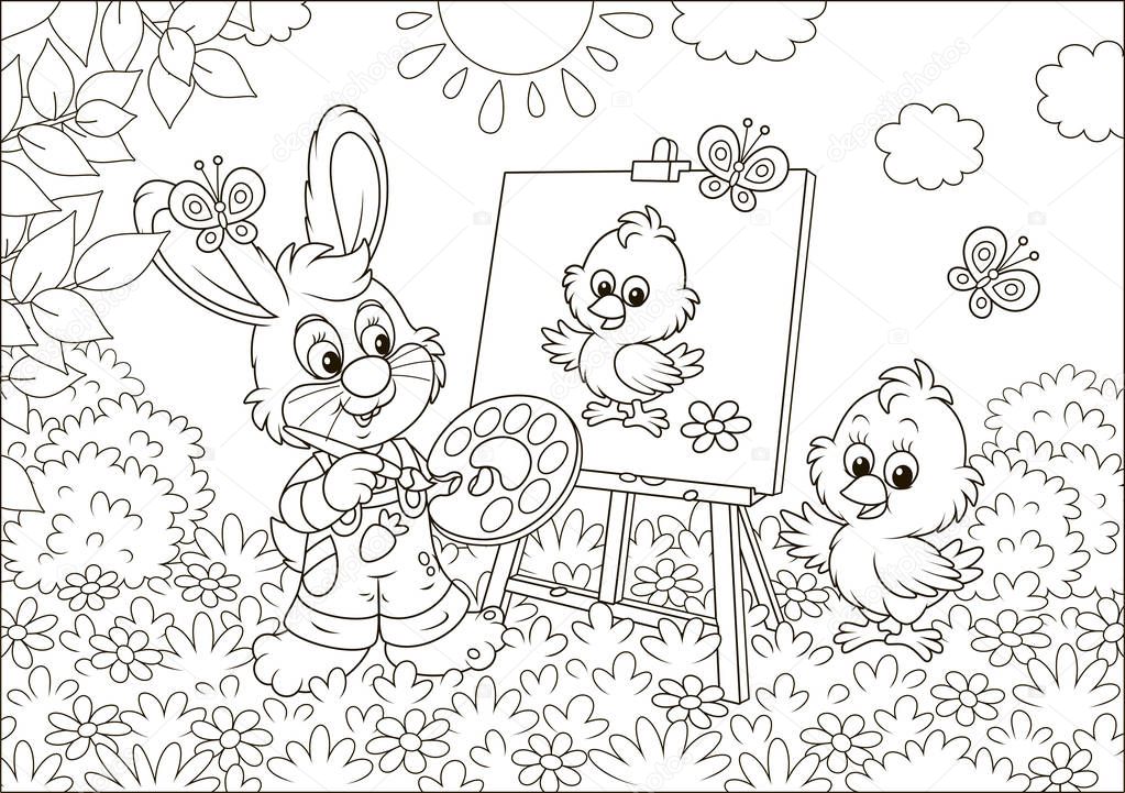 Little bunny drawing a small chick on a lawn among flowers on a sunny spring day, black and white vector illustration in a cartoon style for a coloring book