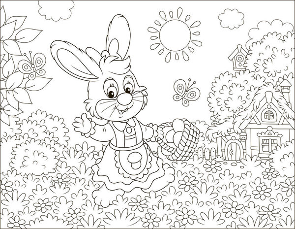 Friendly smiling Easter Bunny with a basket of colored eggs walking in front of a small hut among flowers on sunny spring day, black and white vector illustration in a cartoon style for a coloring book