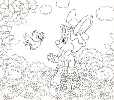 Dostu renkli yumurta için küçük bir kuş bir güneşli bahar gününde konuşurken bir sepet ile Paskalya tavşanı gülümseyen, siyah ve beyaz vektör çizim karikatür tarzı bir boyama kitabı için