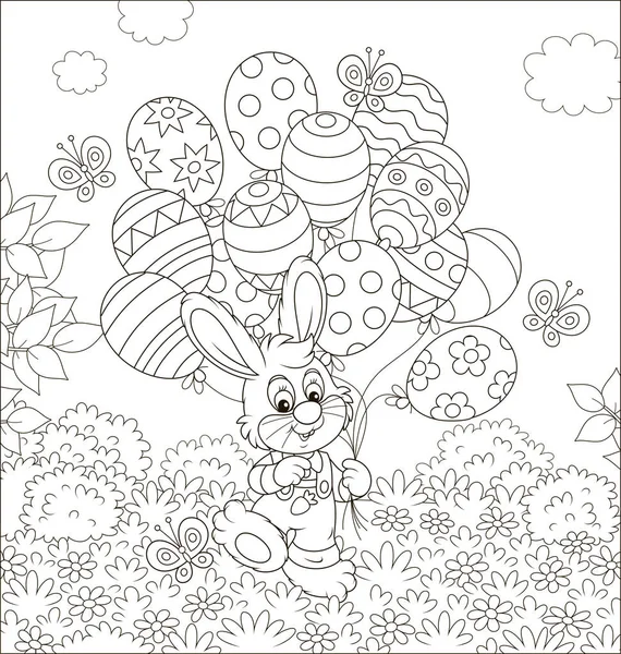 Conejo Pascua Con Globos Decorados Césped Entre Flores Día Soleado — Vector de stock