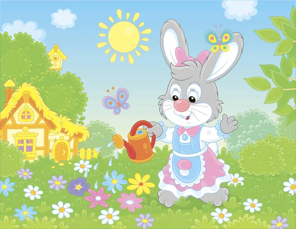 在一个阳光明媚的复活节 可爱可爱的兔子在绿色的草坪上浇灌五颜六色的花朵 在一个阳光明媚的复活节那天 在一个小茅屋前 在卡通风格的矢量插图 — 图库矢量图片