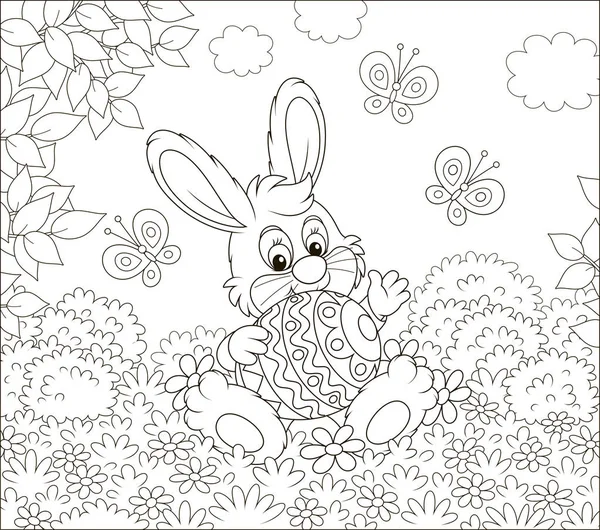 Little Easter Bunny Sitting Colorfully Decorated Big Egg Flowers Flittering — Stock Vector