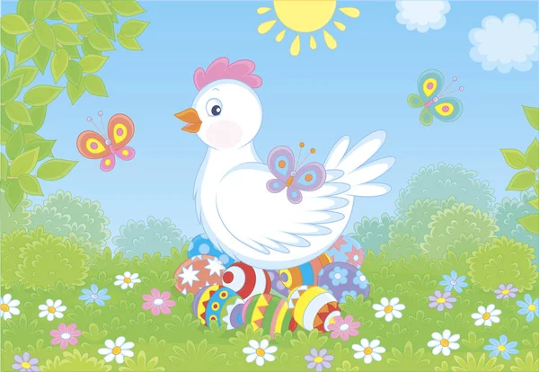 Mignonne Poule Blanche Assise Sur Des Œufs Pâques Colorés Sur — Image vectorielle