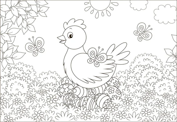 可爱的母鸡坐在彩色复活节蛋在草之中在花和飘动的蝴蝶在一个阳光明媚的春天天 黑色和白色向量例证在动画片样式为着色书 — 图库矢量图片