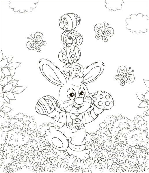 Pequeño Conejito Pascua Malabarismo Con Huevos Colores Entre Las Flores — Vector de stock