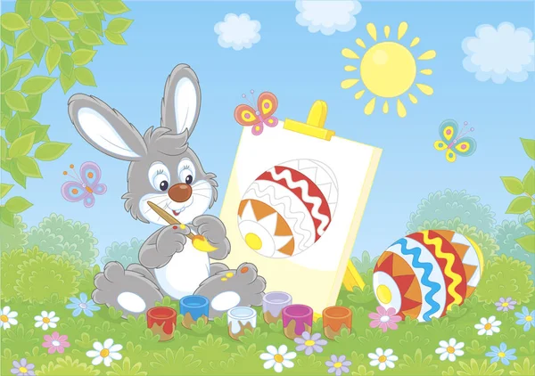 Piccolo Coniglietto Che Disegna Uovo Pasqua Colorato Tra Fiori Sull — Vettoriale Stock
