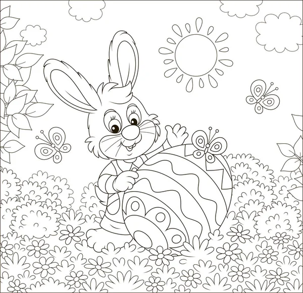 Little Easter Bunny Grande Uovo Colorato Tra Fiori Farfalle Scintillanti — Vettoriale Stock