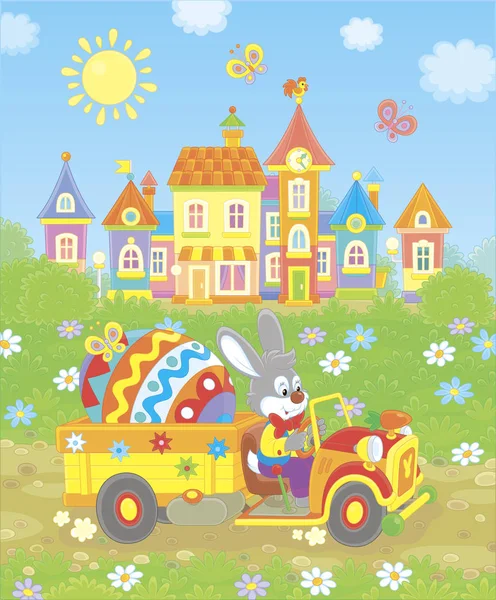 灰色兔子驾驶一个小玩具卡车与一个大颜色的复活节彩蛋 向量例证在动画片样式 — 图库矢量图片