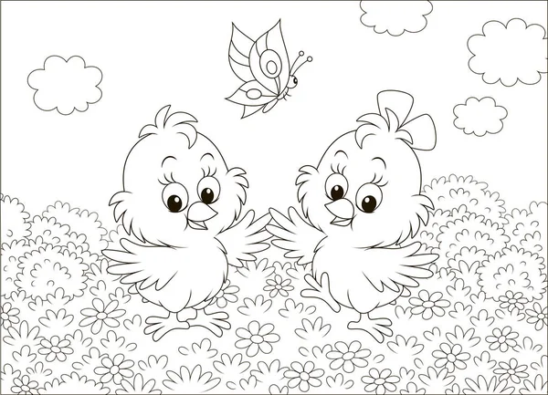 Petits Poussins Mignons Dansant Avec Papillon Parmi Les Fleurs Sur — Image vectorielle