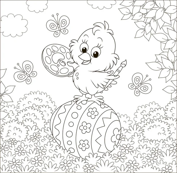 小小鸡着色一个复活节蛋在草在草坪的草之中在一个阳光明媚的春天天 黑和白色向量例证在一个动画片样式为着色书 — 图库矢量图片