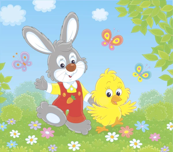 Little Grey Bunny His Friend Small Yellow Chick Walking Waving — Stock Vector