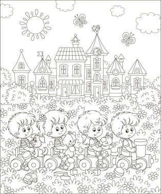 Küçük çocuklar üzerinde bir oyuncak oyun bir oyun bir kasaba, siyah ve beyaz vektör çizim karikatür tarzı bir boyama kitabı için bir parkta üzerinde tren