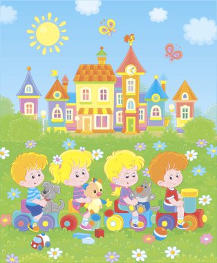 Küçük çocukların bir oyuncak tren bir şehrin bir parkta bir oyun oynamak bir karikatür tarzı resimde vektör