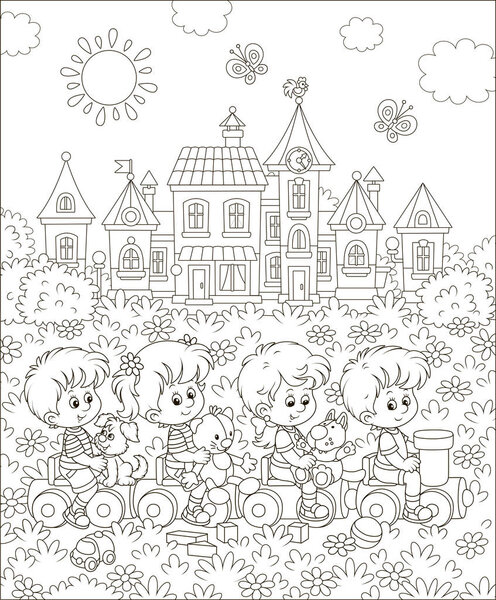 Small children playing on a toy train on a playground in a park of a town, black and white vector illustration in a cartoon style for a coloring book