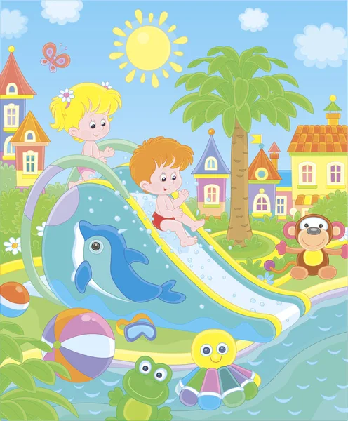 Kisgyerekek Lecsúszott Egy Vízi Csúszda Egy Nyári Aquapark Vektor Illusztráció — Stock Vector