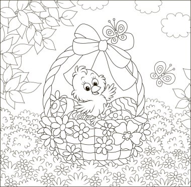 Little chick and colored Easter eggs in a basket decorated with a bow among flowers and flittering butterflies on a sunny spring day, black and white vector illustration in a cartoon style vector Little chick and colored Easter eggs in a basket decorated with a bow among flowers and flittering butterflies on a sunny spring day, black and white vector illustration in a cartoon style vector