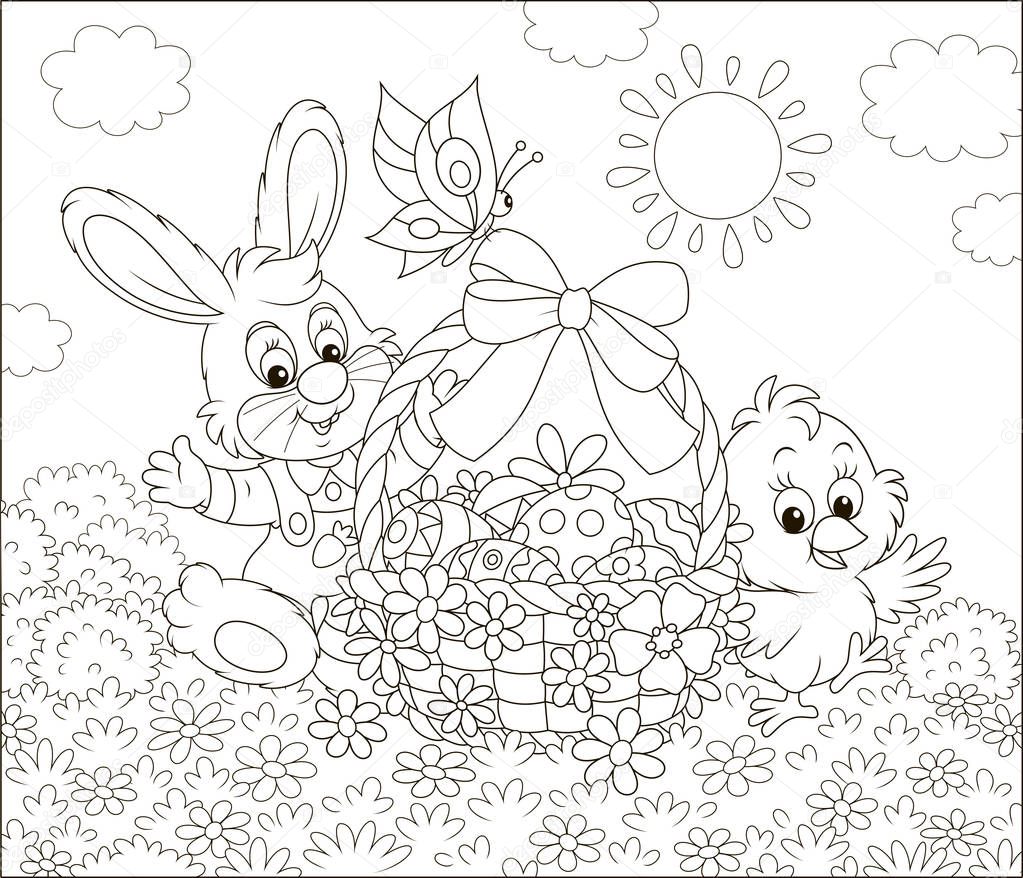 Little bunny and a small chick with an Easter basket of decorated eggs waving in greeting among flowers on a sunny spring day, black and white vector illustration in a cartoon style