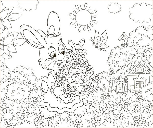 Симпатичный Кролик Праздничном Платье Причудливым Пасхальным Тортом Среди Цветов Солнечный — стоковый вектор