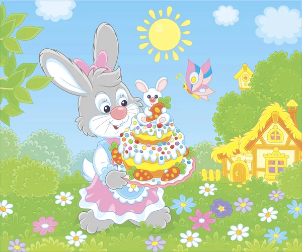 晴れた春の日に花の中で派手なイースターケーキとお祝いのドレスでかわいいバニー 漫画のスタイルでベクトルイラスト — ストックベクタ