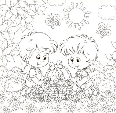 Güneşli bir bahar gününde çiçekler arasında boyalı yumurta süslenmiş Paskalya sepeti ile küçük çocuklar, bir boyama kitabı için bir karikatür tarzında siyah ve beyaz vektör illüstrasyon