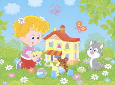 Küçük bir bebek, bir ayı, bir tavşan ve güneşli bir yaz gününde çiçekler arasında bir oyuncak ev ile oynayan sevimli küçük kız, bir karikatür tarzında vektör illüstrasyon 