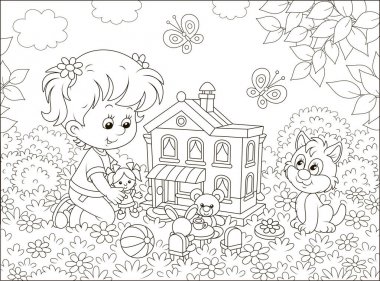 Küçük bir bebek, bir ayı, bir tavşan ve güneşli bir yaz gününde çiçekler arasında bir oyuncak ev ile oynayan sevimli küçük kız, bir karikatür tarzında siyah ve beyaz vektör illüstrasyon 