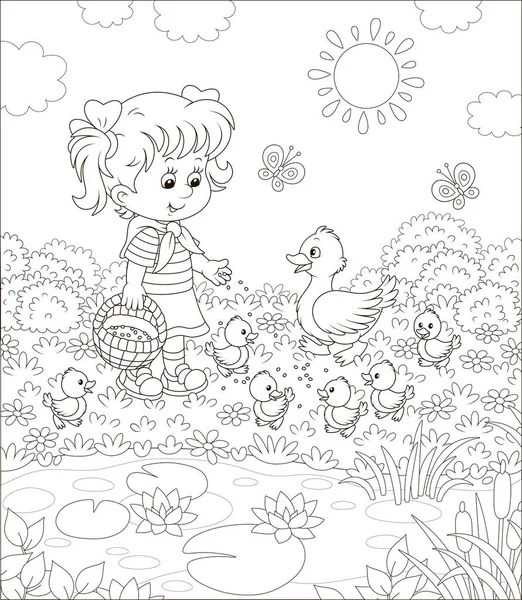 在阳光明媚的夏日 小女孩在池塘边喂鸭子和小鸭 池塘里有睡莲 黑白矢量插图 卡通风格 — 图库矢量图片
