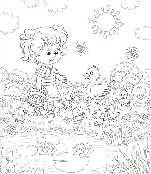 Petite Fille Nourrissant Canard Des Petits Canetons Parmi Les Fleurs — Image vectorielle