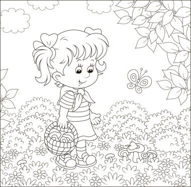 Kız bir sepet ile yürüyüş ve bir yaz günü bir orman glade mantar toplama, bir boyama kitabı için bir karikatür tarzı siyah ve beyaz vektör illüstrasyon