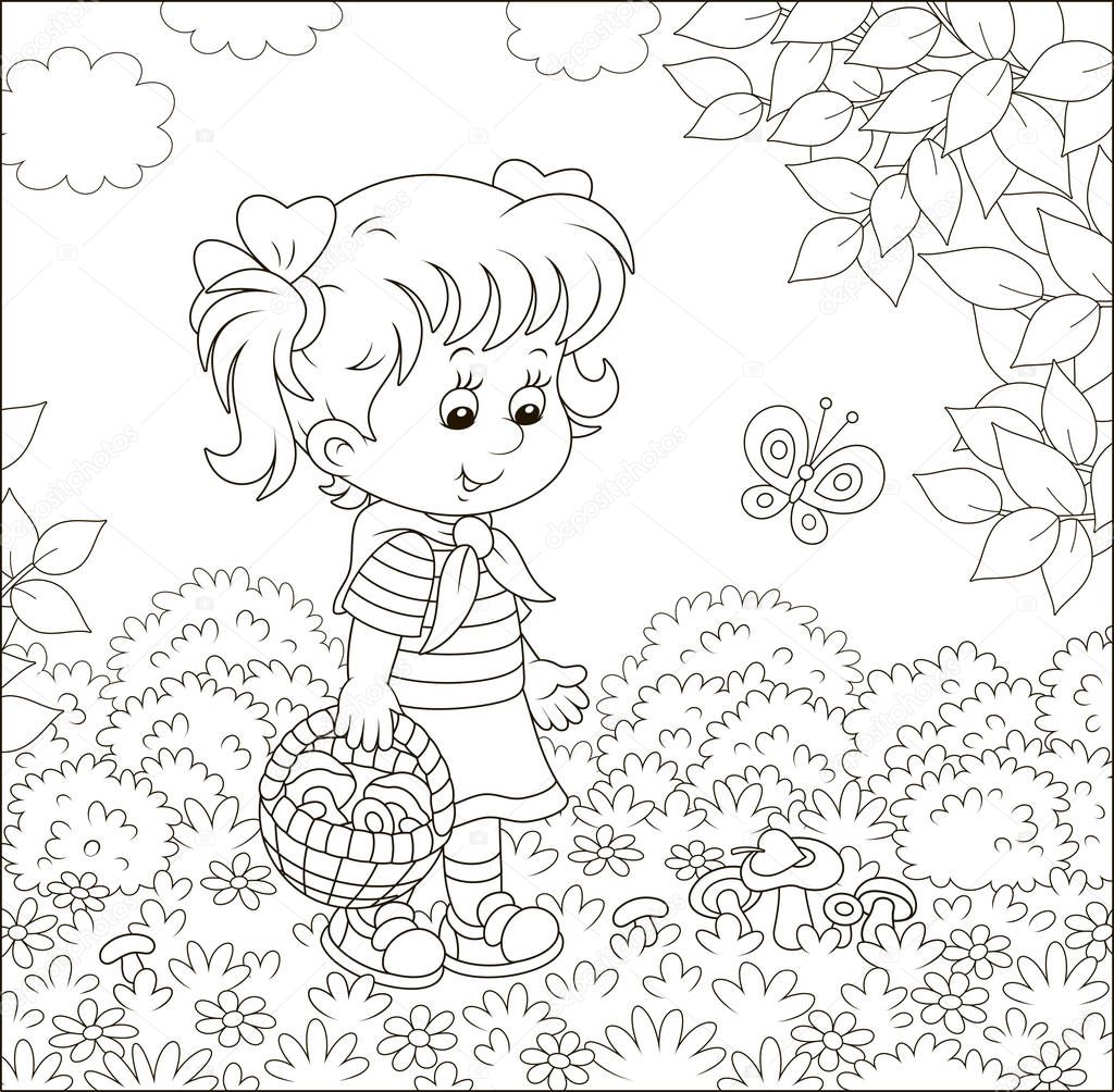 Girl walking with a basket and gathering mushrooms on a forest glade on a summer day, black and white vector illustration in a cartoon style for a coloring book