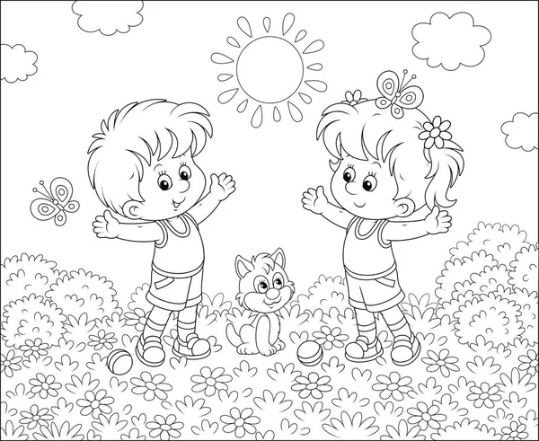 Cheerful little kids doing morning exercises among flowers on a lawn on a sunny day, black and white vector illustration in a cartoon style for a coloring book — Stock Illustration Cheerful Little Kids Doing Morning Exercises Flowers Lawn Sunny Day Stock Vector