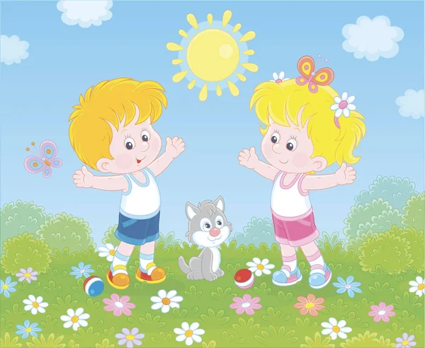 Cheerful little kids doing morning exercises among flowers on green grass of a lawn on a sunny day, vector illustration in a cartoon style — Stock Illustration Cheerful Little Kids Doing Morning Exercises Flowers Green Grass Lawn Vector Graphics