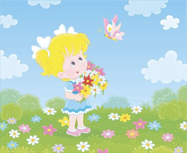 Cute little girl with a colorful bouquet of wildflowers looking at a butterfly flittering over a green field on a sunny summer day, vector illustration in a cartoon style clipart