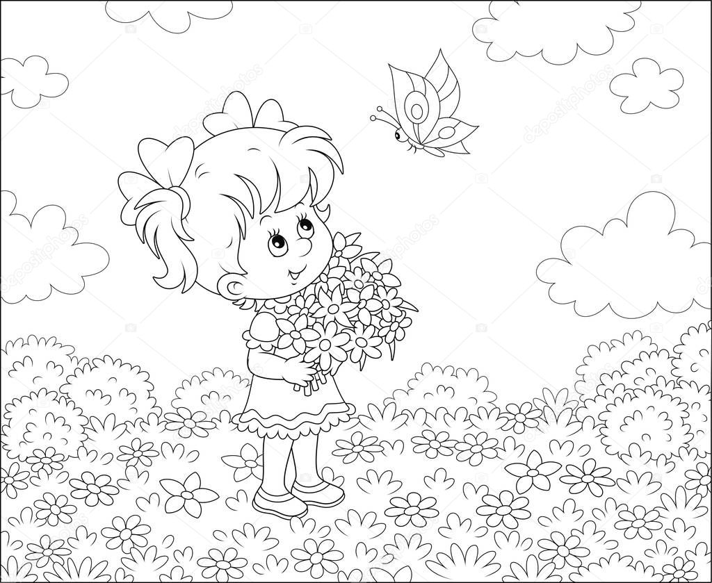 Cute little girl with a bouquet of wildflowers looking at a flittering butterfly on a sunny summer day, black and white vector illustration in a cartoon style for a coloring book