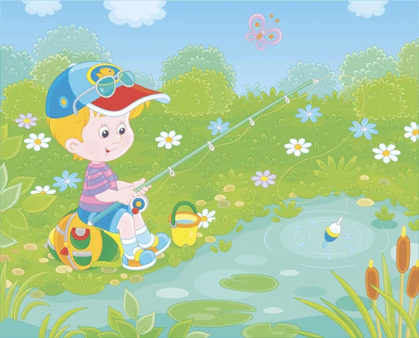 夏の日に小さな池で魚を釣り竿で釣り竿を持つ小さな男の子 漫画風のベクトルイラスト — ストックベクタ