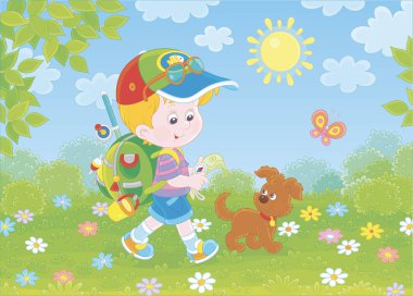 Little boy traveler with a backpack, a map, a compass and his small pup walking through a forest on a sunny summer day, vector illustration in a cartoon style clipart