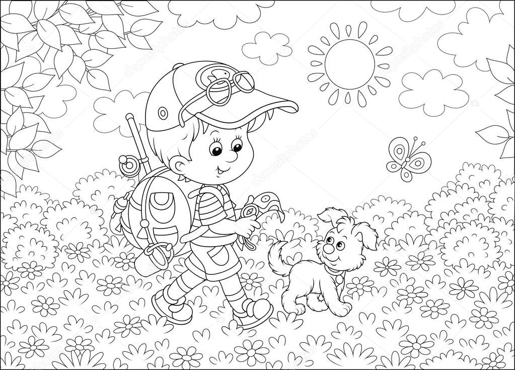 Little boy traveler with a backpack, a map, a compass and his small pup walking through a forest on a sunny summer day, black and white vector illustration in a cartoon style